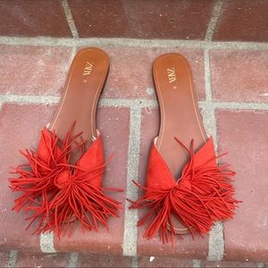 Zara flat sandals with fringy tassels on toes